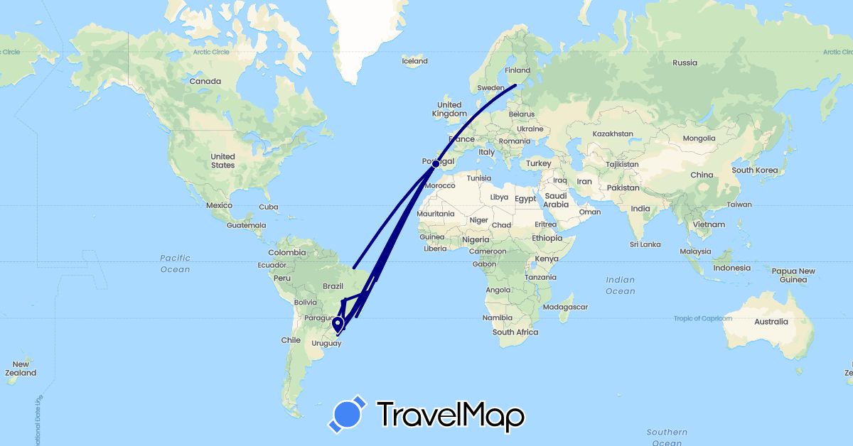 TravelMap itinerary: driving in Brazil, Finland, Portugal (Europe, South America)