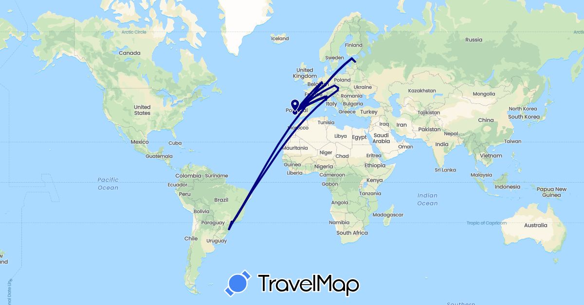 TravelMap itinerary: driving in Austria, Brazil, Czech Republic, Germany, Estonia, Spain, Italy, Portugal (Europe, South America)